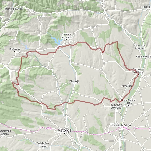Map miniature of "Gravel Challenge: Vega de Antoñán" cycling inspiration in Castilla y León, Spain. Generated by Tarmacs.app cycling route planner