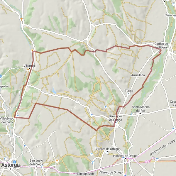 Miniatura mapy "Trasa gravelowa z pobliskiego Carrizo de la Ribera" - trasy rowerowej w Castilla y León, Spain. Wygenerowane przez planer tras rowerowych Tarmacs.app