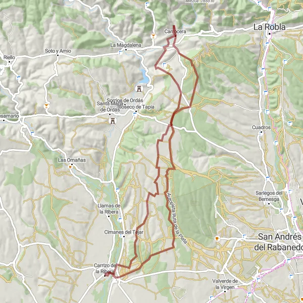 Map miniature of "Exploring Carrizo de la Ribera" cycling inspiration in Castilla y León, Spain. Generated by Tarmacs.app cycling route planner