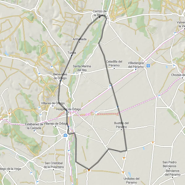 Miniatura mapy "Przejazd przez Grisuela del Páramo" - trasy rowerowej w Castilla y León, Spain. Wygenerowane przez planer tras rowerowych Tarmacs.app