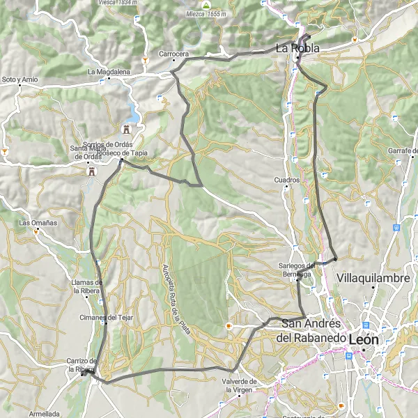 Map miniature of "León Countryside Exploration" cycling inspiration in Castilla y León, Spain. Generated by Tarmacs.app cycling route planner