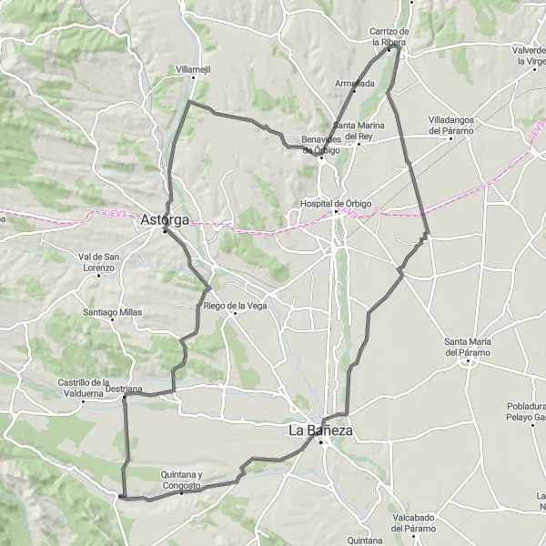 Map miniature of "León Hillside Challenge" cycling inspiration in Castilla y León, Spain. Generated by Tarmacs.app cycling route planner