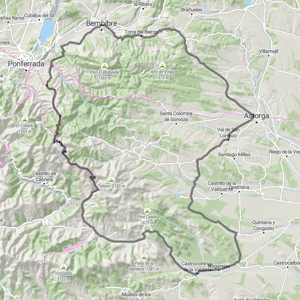 Map miniature of "The Legendary Leon Mountains" cycling inspiration in Castilla y León, Spain. Generated by Tarmacs.app cycling route planner