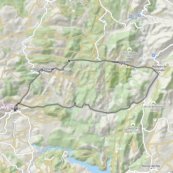 Miniatua del mapa de inspiración ciclista "Ruta a Valdemaqueda y Cerro de las Majadas" en Castilla y León, Spain. Generado por Tarmacs.app planificador de rutas ciclistas