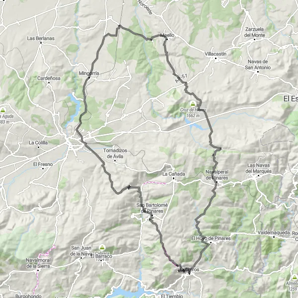 Map miniature of "Cebreros to Aldeavieja Loop" cycling inspiration in Castilla y León, Spain. Generated by Tarmacs.app cycling route planner