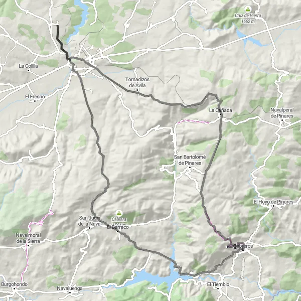 Map miniature of "Cebreros to El Barraco Loop" cycling inspiration in Castilla y León, Spain. Generated by Tarmacs.app cycling route planner