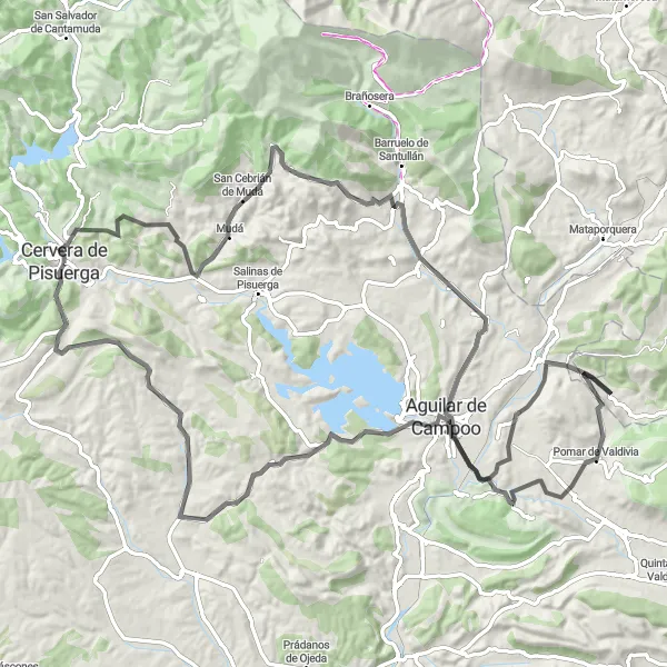 Map miniature of "Aguilar de Campoo and Dehesa de Montejo Classic Road Cycling" cycling inspiration in Castilla y León, Spain. Generated by Tarmacs.app cycling route planner