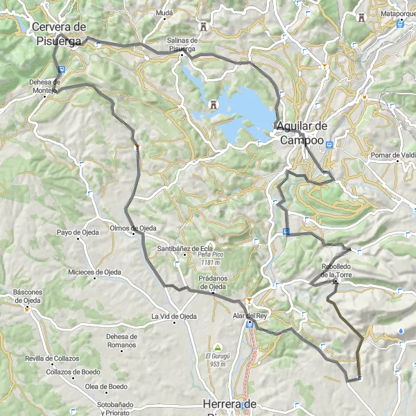Map miniature of "Cervera de Pisuerga to Pico de Fuentefría" cycling inspiration in Castilla y León, Spain. Generated by Tarmacs.app cycling route planner