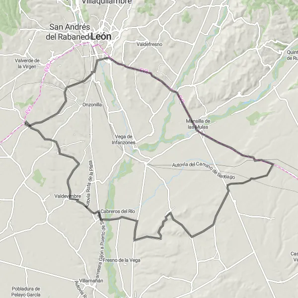 Map miniature of "León Valley" cycling inspiration in Castilla y León, Spain. Generated by Tarmacs.app cycling route planner