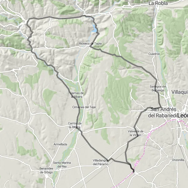 Miniatua del mapa de inspiración ciclista "Ruta en Bicicleta de Carretera desde Chozas de Abajo" en Castilla y León, Spain. Generado por Tarmacs.app planificador de rutas ciclistas