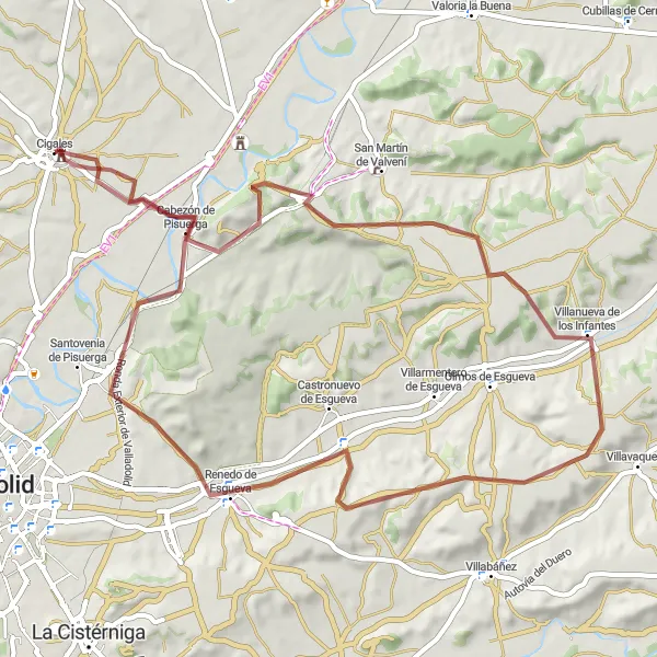 Miniaturekort af cykelinspirationen "Gruscykelrute med 65 km nær Cigales" i Castilla y León, Spain. Genereret af Tarmacs.app cykelruteplanlægger