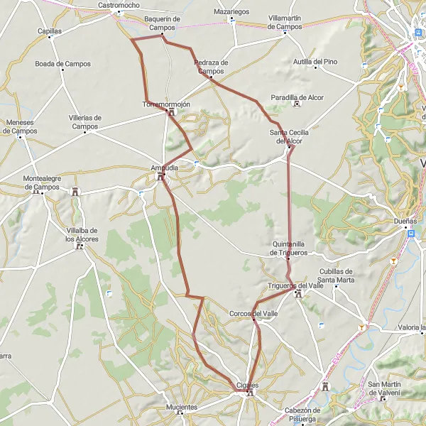 Miniatura mapy "Trasa z Cigales przez Ampudia, Torremormojón, Quintanilla de Trigueros i Corcos del Valle" - trasy rowerowej w Castilla y León, Spain. Wygenerowane przez planer tras rowerowych Tarmacs.app