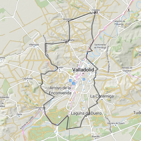 Miniatua del mapa de inspiración ciclista "Ruta en Carretera a Cigales" en Castilla y León, Spain. Generado por Tarmacs.app planificador de rutas ciclistas