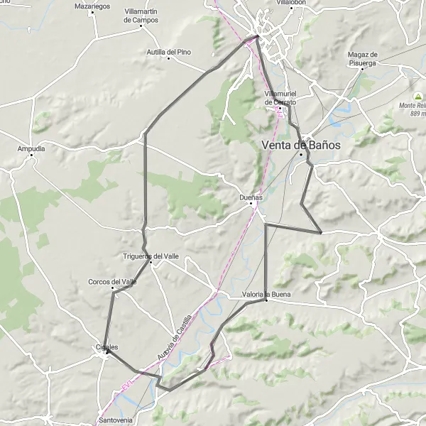 Miniatura mapy "Trasa z Cigales przez Quintanilla de Trigueros, Santa Cecilia del Alcor, Venta de Baños, Valoria la Buena i Cabezón de Pisuerga" - trasy rowerowej w Castilla y León, Spain. Wygenerowane przez planer tras rowerowych Tarmacs.app
