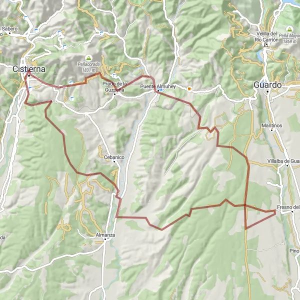 Miniaturekort af cykelinspirationen "Gravel Cycling Route near Cistierna" i Castilla y León, Spain. Genereret af Tarmacs.app cykelruteplanlægger