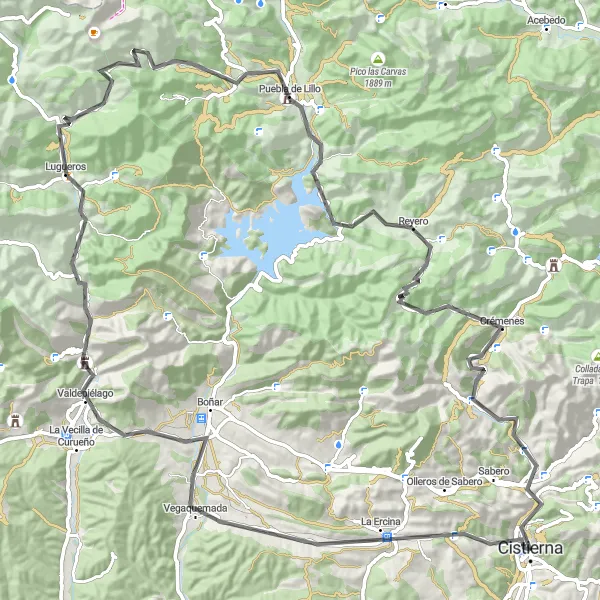 Map miniature of "Exploring Valdepiélago and Pico del Águila" cycling inspiration in Castilla y León, Spain. Generated by Tarmacs.app cycling route planner