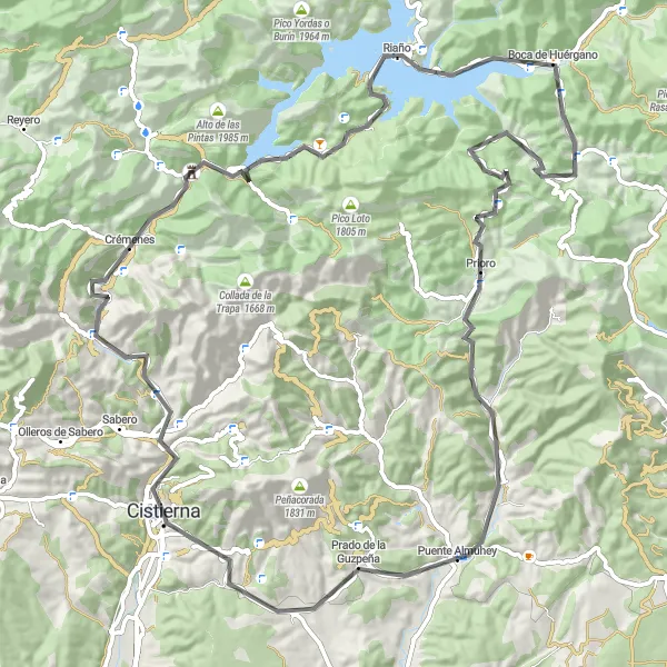 Miniatura mapy "Trasa Szosowa Crémenes - Embalse de Riaño - Riaño - Boca de Huérgano - Cueto Mesao - Prado de la Guzpeña - Valmartino" - trasy rowerowej w Castilla y León, Spain. Wygenerowane przez planer tras rowerowych Tarmacs.app