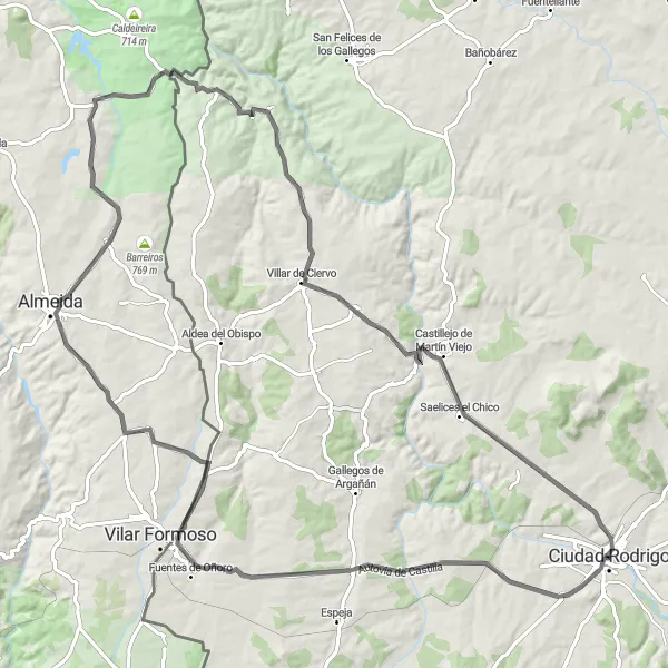 Miniatua del mapa de inspiración ciclista "Ruta en bicicleta de carretera desde Ciudad Rodrigo" en Castilla y León, Spain. Generado por Tarmacs.app planificador de rutas ciclistas