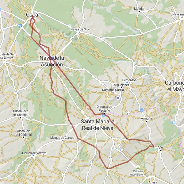 Map miniature of "Hidden Gems of Coca" cycling inspiration in Castilla y León, Spain. Generated by Tarmacs.app cycling route planner