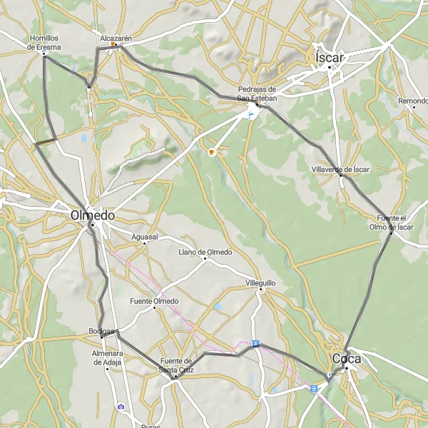 Miniaturekort af cykelinspirationen "Landevejscykling rute fra Coca til Ciruelos de Coca" i Castilla y León, Spain. Genereret af Tarmacs.app cykelruteplanlægger