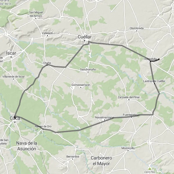 Map miniature of "The Coca Circuit" cycling inspiration in Castilla y León, Spain. Generated by Tarmacs.app cycling route planner