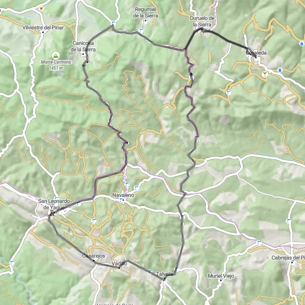 Miniatua del mapa de inspiración ciclista "Ruta en bicicleta de 78 km desde Covaleda a Duruelo de la Sierra y Canicosa de la Sierra" en Castilla y León, Spain. Generado por Tarmacs.app planificador de rutas ciclistas