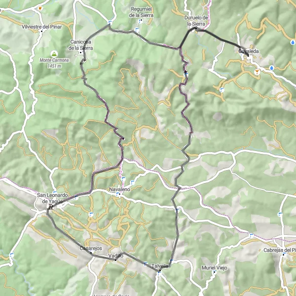 Miniatua del mapa de inspiración ciclista "Ruta en bicicleta de 78 km desde Covaleda a Duruelo de la Sierra y Canicosa de la Sierra" en Castilla y León, Spain. Generado por Tarmacs.app planificador de rutas ciclistas