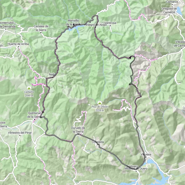 Miniatua del mapa de inspiración ciclista "Ruta en bicicleta de 114 km desde Covaleda a Duruelo de la Sierra, Villavelayo y Viniegra de Abajo" en Castilla y León, Spain. Generado por Tarmacs.app planificador de rutas ciclistas