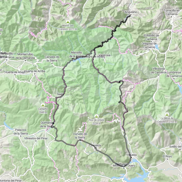 Miniatua del mapa de inspiración ciclista "Ruta en carretera desde Covaleda hacia Duruelo de la Sierra" en Castilla y León, Spain. Generado por Tarmacs.app planificador de rutas ciclistas