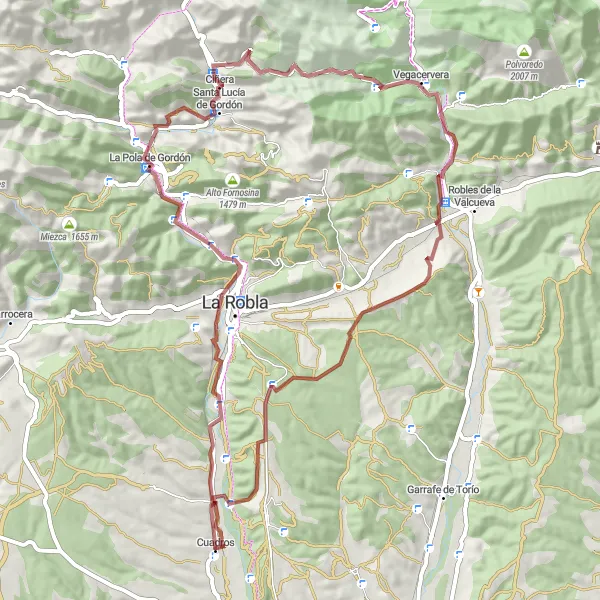 Map miniature of "Scenic Gravel Ride in La Pola de Gordón" cycling inspiration in Castilla y León, Spain. Generated by Tarmacs.app cycling route planner