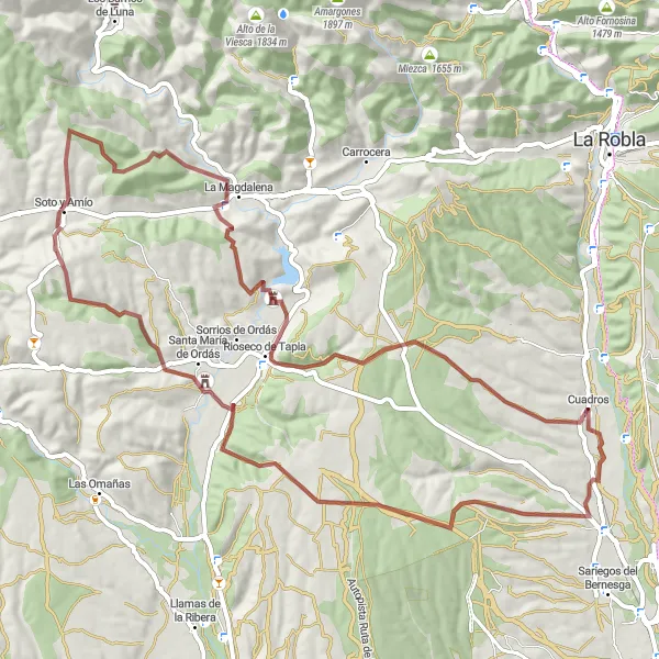 Map miniature of "Ultimate Gravel Challenge in Soto y Amío" cycling inspiration in Castilla y León, Spain. Generated by Tarmacs.app cycling route planner