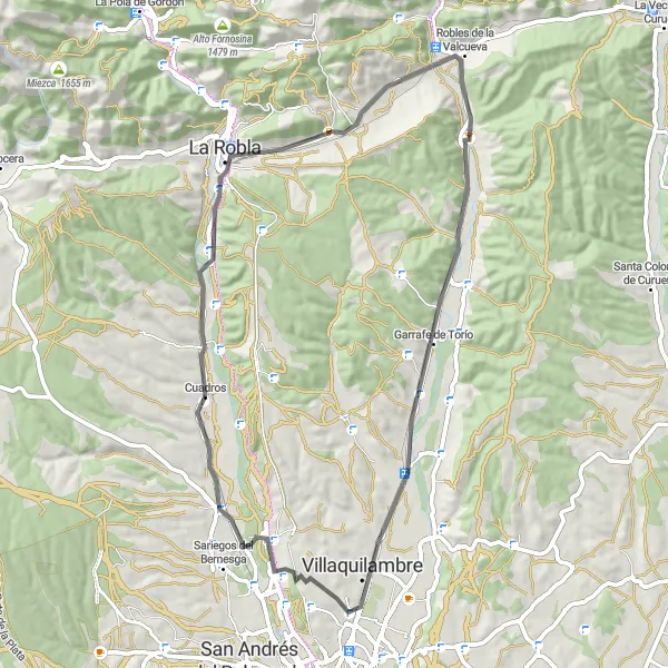 Map miniature of "Scenic Road Cycling near Cuadros" cycling inspiration in Castilla y León, Spain. Generated by Tarmacs.app cycling route planner