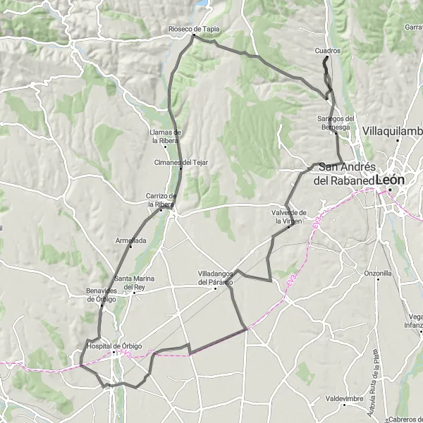 Map miniature of "Road Cycling Adventure in Cuadros and Beyond" cycling inspiration in Castilla y León, Spain. Generated by Tarmacs.app cycling route planner