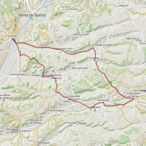 Map miniature of "Dueñas Gravel Adventure" cycling inspiration in Castilla y León, Spain. Generated by Tarmacs.app cycling route planner