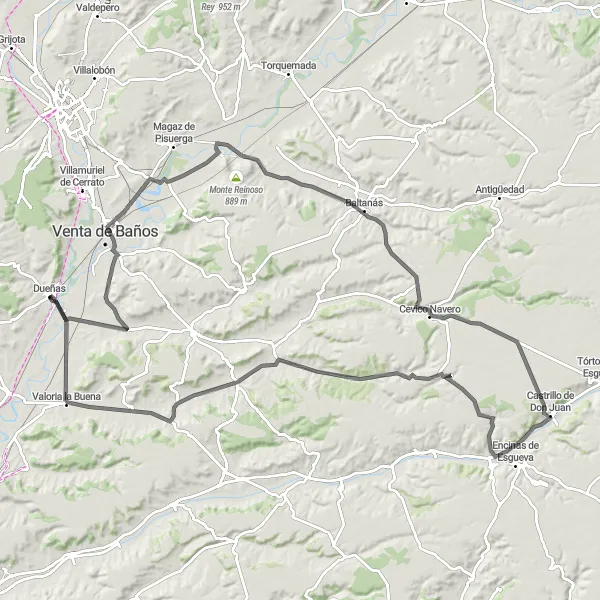 Miniatua del mapa de inspiración ciclista "Ruta en carretera alrededor de Dueñas" en Castilla y León, Spain. Generado por Tarmacs.app planificador de rutas ciclistas