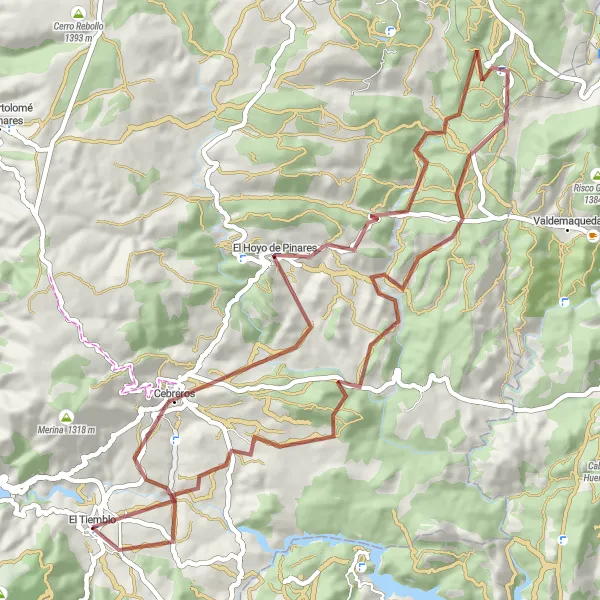 Miniatua del mapa de inspiración ciclista "Ruta en bicicleta por caminos de grava desde El Tiemblo" en Castilla y León, Spain. Generado por Tarmacs.app planificador de rutas ciclistas