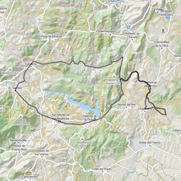 Miniatua del mapa de inspiración ciclista "Ruta en carretera desde El Tiemblo hasta Cebreros" en Castilla y León, Spain. Generado por Tarmacs.app planificador de rutas ciclistas