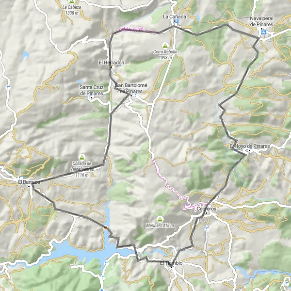 Miniatua del mapa de inspiración ciclista "Vuelta en bicicleta de carretera desde El Tiemblo" en Castilla y León, Spain. Generado por Tarmacs.app planificador de rutas ciclistas