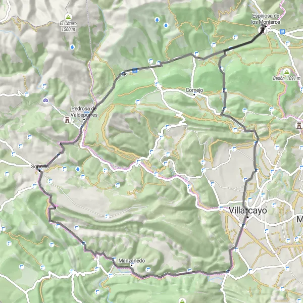Miniaturekort af cykelinspirationen "Bjergrute til Hornillalatorre" i Castilla y León, Spain. Genereret af Tarmacs.app cykelruteplanlægger