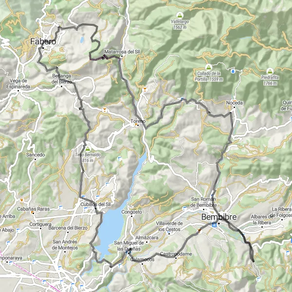 Miniatua del mapa de inspiración ciclista "Ruta de ciclismo de ida y vuelta desde Fabero (Castilla y León, España)" en Castilla y León, Spain. Generado por Tarmacs.app planificador de rutas ciclistas