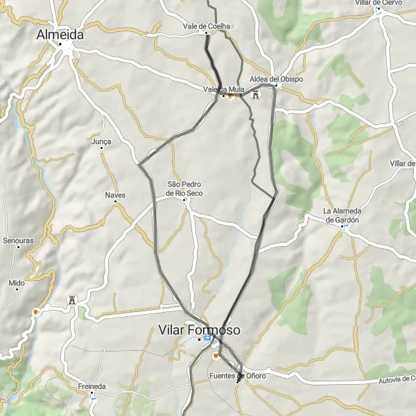 Map miniature of "Road Route from Fuentes de Oñoro" cycling inspiration in Castilla y León, Spain. Generated by Tarmacs.app cycling route planner