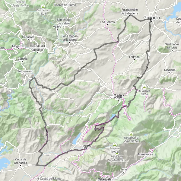 Miniaturekort af cykelinspirationen "Mountainous Loop fra Guijuelo" i Castilla y León, Spain. Genereret af Tarmacs.app cykelruteplanlægger