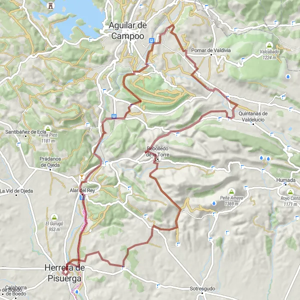 Miniaturekort af cykelinspirationen "Rundtur til Alar del Rey, Villaescusa de las Torres, Peña Mesa, Rebolledo de la Torre og Herrera de Pisuerga" i Castilla y León, Spain. Genereret af Tarmacs.app cykelruteplanlægger