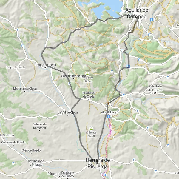 Map miniature of "From La Vid to Aguilar" cycling inspiration in Castilla y León, Spain. Generated by Tarmacs.app cycling route planner