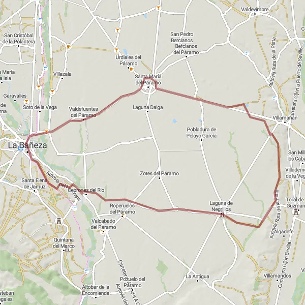 Map miniature of "Gravel Loop through Santa María del Páramo and Laguna de Negrillos" cycling inspiration in Castilla y León, Spain. Generated by Tarmacs.app cycling route planner