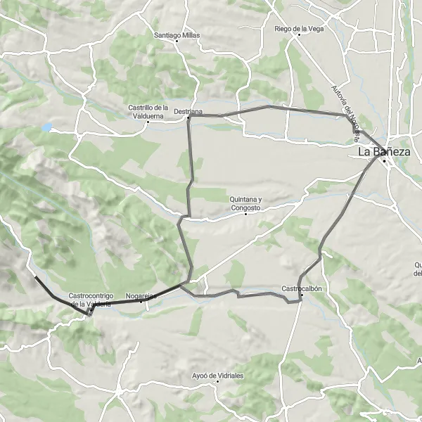 Map miniature of "Road Cycling Tour to Castrocalbón and Castrocontrigo de la Valdería" cycling inspiration in Castilla y León, Spain. Generated by Tarmacs.app cycling route planner