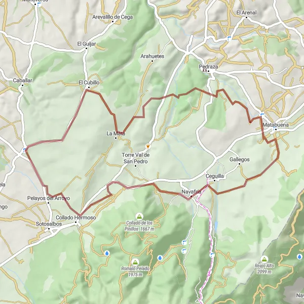 Miniatuurkaart van de fietsinspiratie "Gravelroute El Cubillo - Pelayos del Arroyo" in Castilla y León, Spain. Gemaakt door de Tarmacs.app fietsrouteplanner