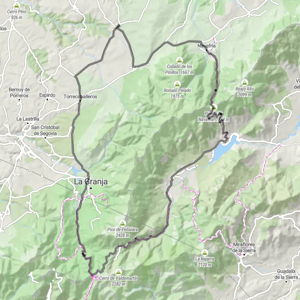 Map miniature of "Navafría and the Scenic Routes" cycling inspiration in Castilla y León, Spain. Generated by Tarmacs.app cycling route planner