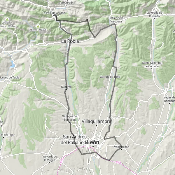 Miniatuurkaart van de fietsinspiratie "Wegroute van La Pola de Gordón naar La Robla en terug" in Castilla y León, Spain. Gemaakt door de Tarmacs.app fietsrouteplanner