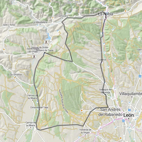 Miniatua del mapa de inspiración ciclista "Ruta en bicicleta de carretera desde La Robla" en Castilla y León, Spain. Generado por Tarmacs.app planificador de rutas ciclistas
